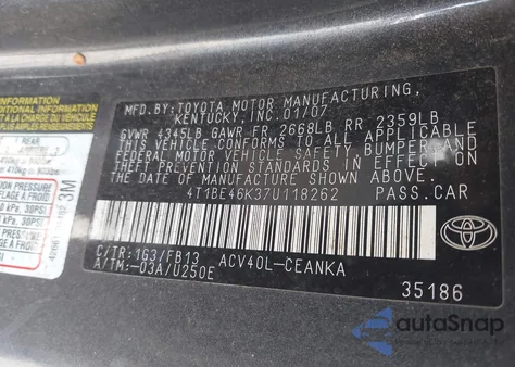 2007 Toyota Camry Le из США, поврежденный, VIN 4T1BE46K37U118262